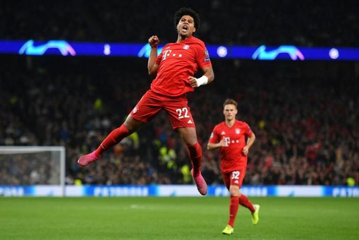 Serge Gnabry (C) celebrates after scoring four goals for Bayern Munich in their 7-2 thrashing of Tottenham Hotspur in the Champions League two weeks ago