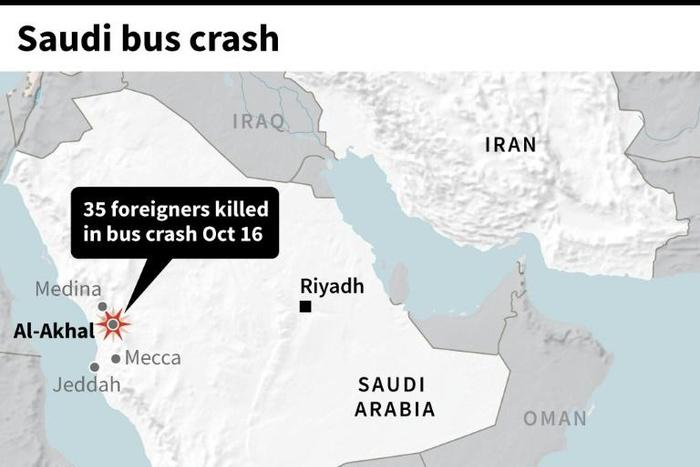 Map locating a fatal bus crash in Saudi Arabia on Wednesday.
