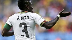 Ghana player Asamoah Gyan celebrates a goal against Portugal during a 2014 FIFA World Cup match in Brazil (Photo: EPA/Jose Sena Goulao)