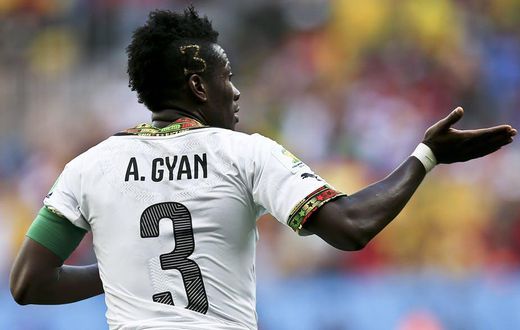 Ghana player Asamoah Gyan celebrates a goal against Portugal during a 2014 FIFA World Cup match in Brazil (Photo: EPA/Jose Sena Goulao)