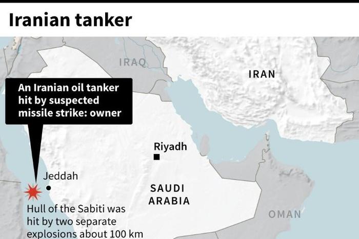 Map locating the site of an Iranian oil tanker, reportedly hit by missiles Friday according to the owners.