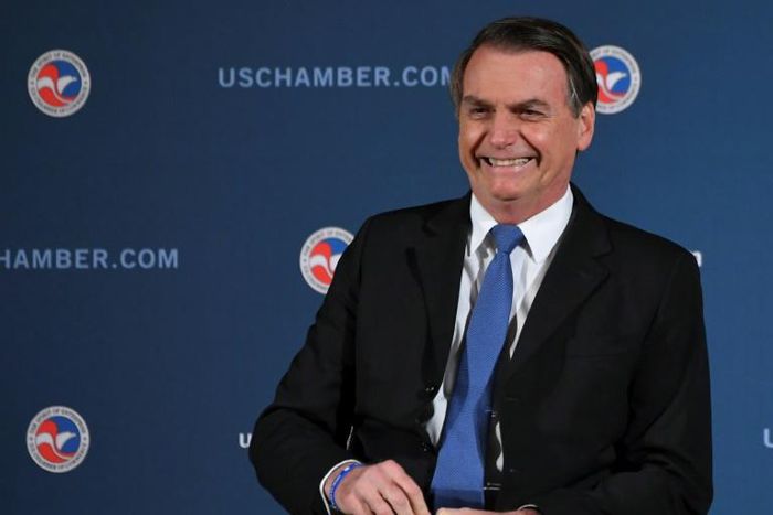 Brazil's President Jair Bolsonaro at the US Chamber of Commerce in Washington, DC on March 18, 2019. He will meet Tuesday, March 19, with President Donald Trump in what officials say is an opportunity to create a new north-south "axis."