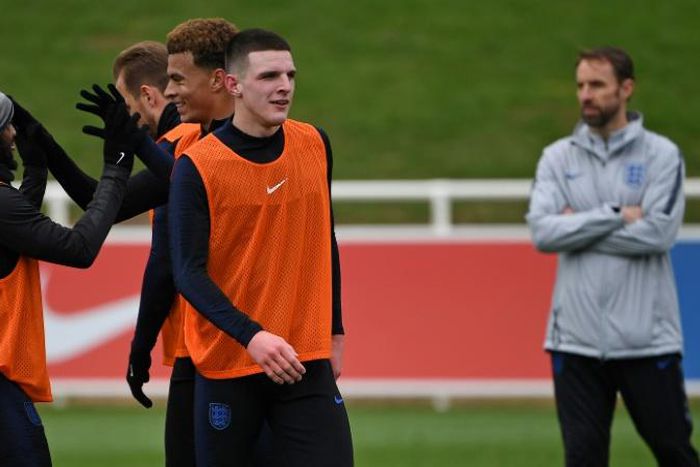 England manager Gareth Southgate (right) has shown his support for Declan Rice (centre) over a social media storm