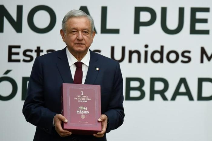 Mexico's President Andres Manuel Lopez Obrador shows his first annual report at the National Palace in Mexico City, on September 1, 2019
