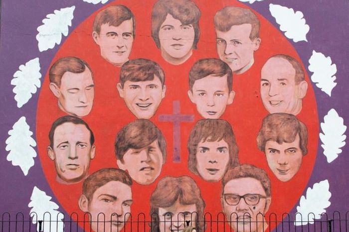 A mural commemorates the victims of the 1972 "Bloody Sunday" killings in the Bogside area of Londonderry (Derry), Northern Ireland