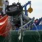An Indonesian rescue team is seen lifting a pairof tires from the ill-fated Lion Air flight JT 610 off Karawang in the Java Sea a few days after the October 29, 2018 crash