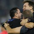 Sadd SC's Spanish coach Xavi Hernandez celebrates with his staff after his team's 3-1 AFC Champions League quarter-final football match victory against Saudi's Al-Nassr at the Jassim bin Hamad Stadium in Doha on September 16, 2019.
