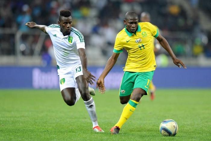 A file photo of South Africa winger Aubrey Modiba (R). His goal gave SuperSport United the lead in a South African Premiership draw at Bloemfontein Celtic