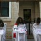 Lebanese protesters stage a mock hanging in a symbolic performance against sectarianism (C), Lebanon's 1975-90 civil war (R) and corruption during ongoing anti-government demonstrations in Beirut on November 3, 2019