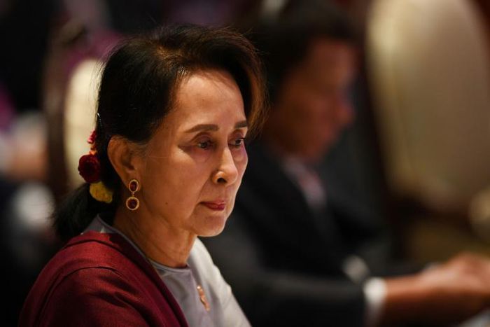 Myanmar's de facto head Aung San Suu Kyi sat in the room expressionless as Guterres spoke on the plight of the Rohingya