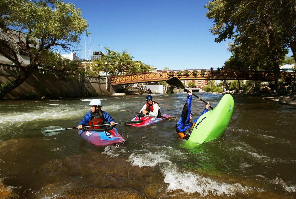 <strong>Kayakers approaching the rapids in Truckee River Park.</strong>