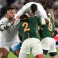 Hooker Bongi Mbonambi (No. 2) demonstrates the power of the the South Africa forwards by lifting England winger Jonny May during the 2019 Rugby World Cup final in Yokohama this weekend