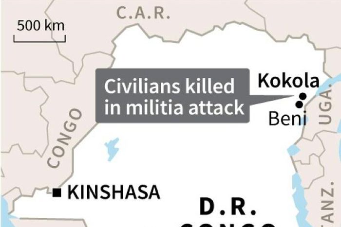 Map of DR Congo locating Kokola where ten civilians were killed in a militia attack, a local official said
