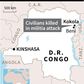 Map of DR Congo locating Kokola where ten civilians were killed in a militia attack, a local official said