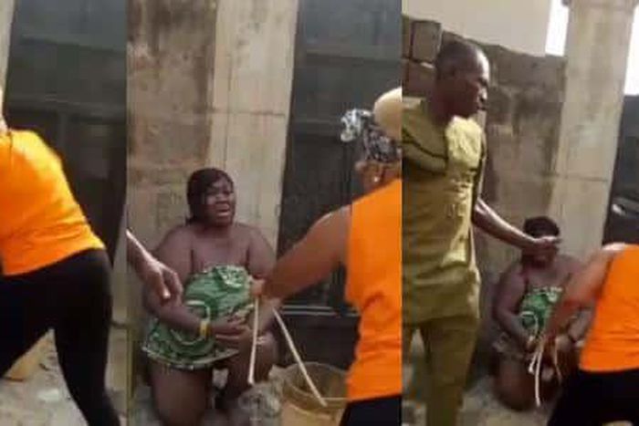 Wife flogs another woman she caught sleeping with husband, using her cloth as wrapper (video)