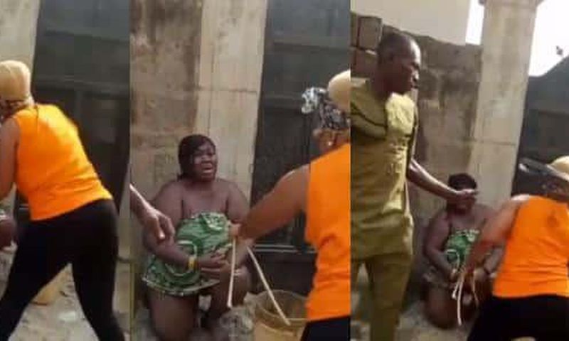 Wife flogs another woman she caught sleeping with husband, using her cloth as wrapper (video)