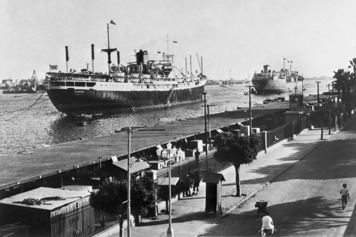Ships on the Suez Canal in 1956, the year Egypt nationalised the waterway and sparked a major crisis with Britain, France and Israel