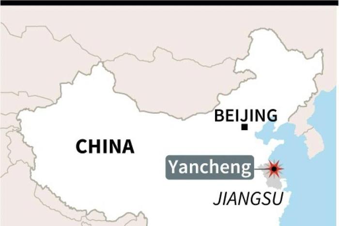 Map of China locating Yancheng, where a blast rocked a chemical plant Thursday.