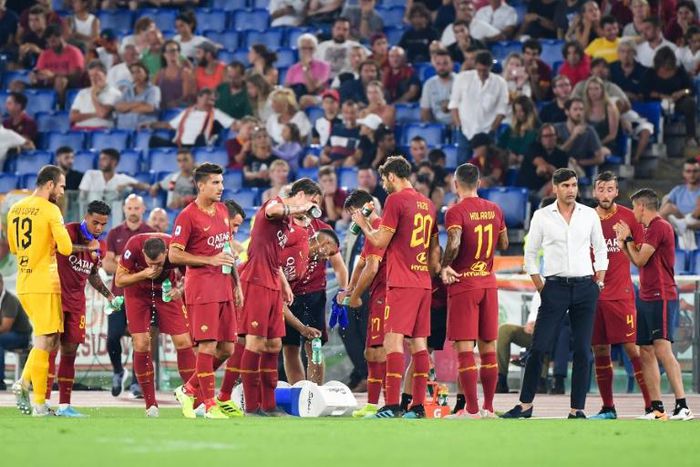 Roma coach Paulo Fonseca (3rdR) was sent off as tensions mounted at the Stadio Olimpico