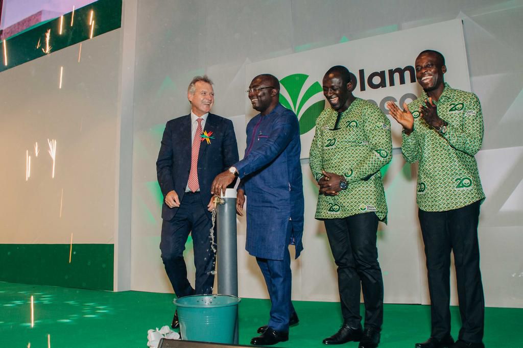 The Vice President is joined by Mr. Gerry Manley (left) Mr. Eric Botwe 2nd right and Mr. Kennedy Ntoso, Head of Sustainability, Ghana, to turn on the tap to signify the launch of a series of livelihood enhancing projects Olam has planned for various cocoa communities.