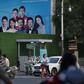 A newly-installed guard post outside the Worker's Stadium in Beijing is part of the preparations for Communist China's 70th anniversary