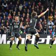 Turkish delight: Caglar Soyuncu (centre) celebrates opening the scoring for Leicester against Crystal Palace