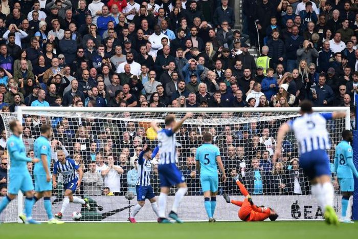 Tottenham goalkeeper Hugo Lloris collapsed injured as fellow Frenchman Neal Maupay celebrated scoring for Brighton
