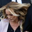 Adult-film actress known as Stormy Daniels, pictured here exiting the US Federal Court in New York in April 2018, has won $450,000 in a lawsuit settled with the city of Columbus, Ohio