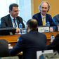 UN Syria envoy Geir Pedersen flanked by  metting co-chairs Ahmad Kuzbari (l) and Hadi Albahra in Geneva