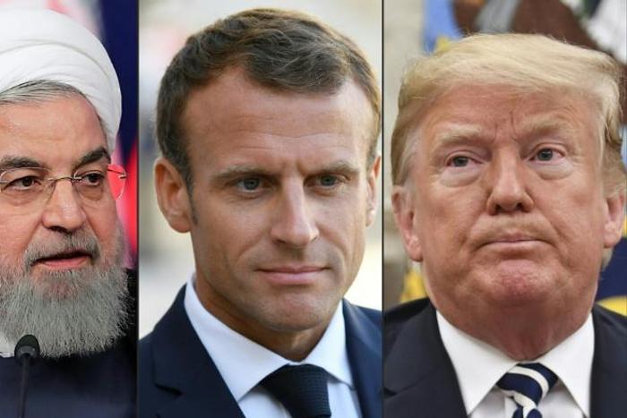 French President Emmanuel Macron (C) plans to meet separately at the UN General Assembly in New York with his Iranian and US counterparts, Hassan Rouhani (L) and Donald Trump