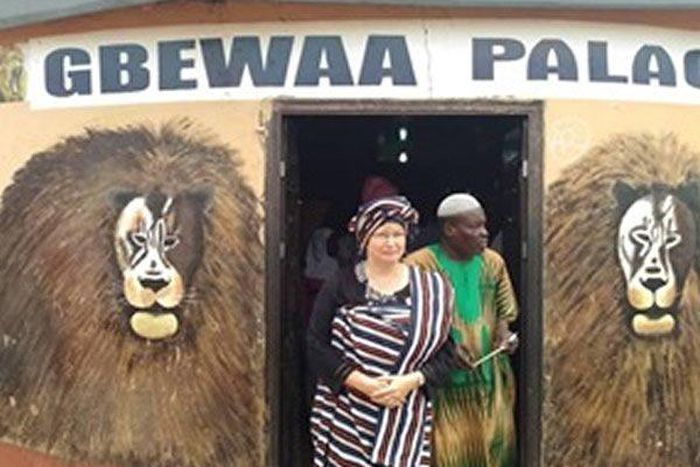 Heather Cameron coming out of the Gbewaa Palace at Yendi