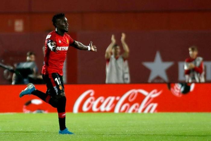 Ivorian midfielder Junior Lago celebrates scoring the La Liga winner for Real Mallorca against Real Madrid