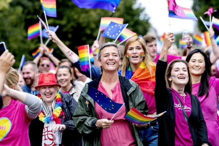 Opprobrium from the White House has helped make Vestager a star, with competition authorities around the world following in her footsteps in moves against big tech. She is shown here at the Copenhagen Pride Parade last month