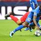 Mbwana Samatta, in the blue of Genk, scraps for possession in the Belgian side's defeat against Salzburg with which they began their Champions League campaign