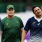 South Africa's head coach Rassie Erasmus (C) supervises training session at the Arcs Urayasu Park in Urayasu, Chiba Prefecture on September 16