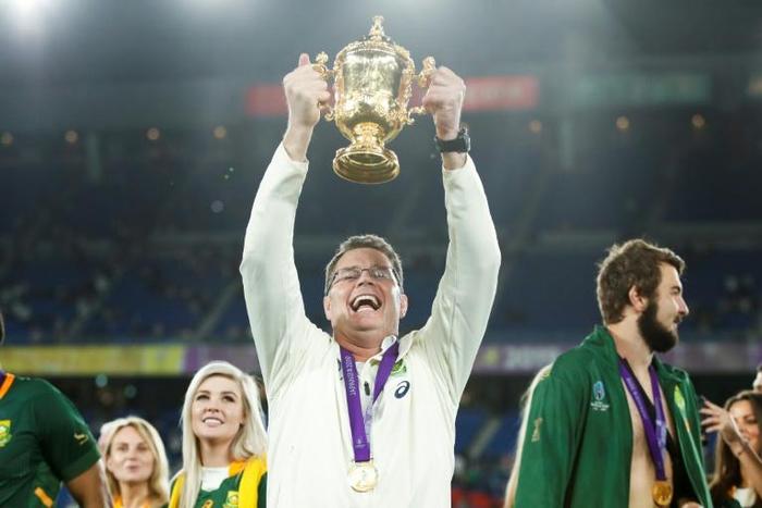 South Africa's head coach Rassie Erasmus lifts the Webb Ellis Cup