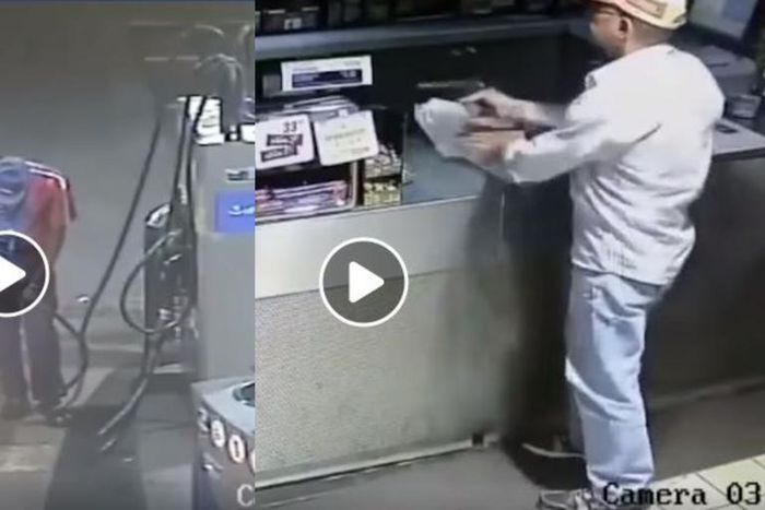 Armed robber robs fuel station’s supermarket, uses part of the loot to pay for fuel (video)