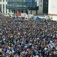 Thousands demonstrated in front of the local courthouse in Pamplona, where the original trial took place