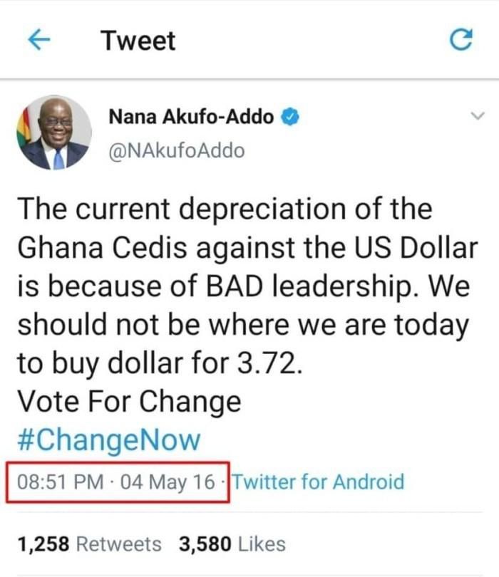 Tweet by Nana Addo in 2016