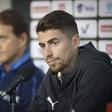 Italy head coach Roberto Mancini (L) and midfielder Jorginho at a press conference in Tampere, Finland before their Euro 2020 qualifier