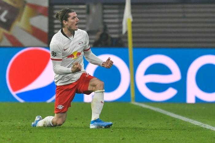 RB Leipzig's Marcel Sabitzer celebrates after scoring the winner in the 2-1 victory over Zenit