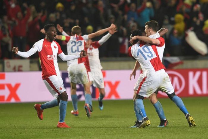 Slavia Prague celebrate after beating Sevilla in the Europa League