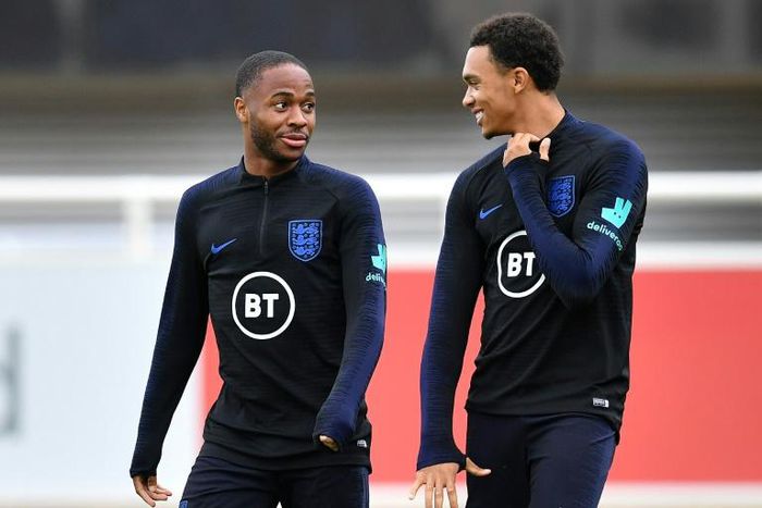 Friends turned foes: England teammates Raheem Sterling (left) and Trent Alexander-Arnold (right) will face off on Sunday