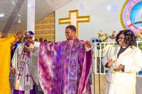 Apostle Ntim Yeboah Gyakari with his wife Rev. Georgina Ntim Yeboah on the right with Archbishop Divine Adjei to the left