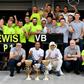 Lewis Hamilton and Valtteri Bottas celebrate with the Mercedes team after the Formula One Russian Grand Prix in Sochi