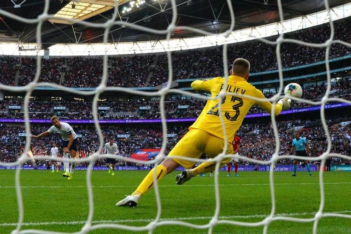 Spot on: Harry Kane scored twice from the penalty spot as England beat Bulgaria 4-0