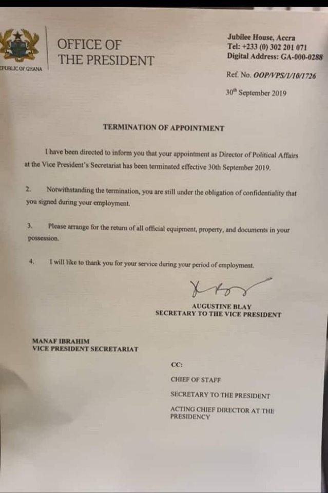 Manaf Ibrahim sacked letter