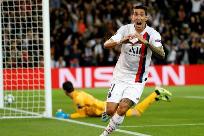 Angel Di Maria celebrates his first goal against Real Madrid at the Parc des Princes