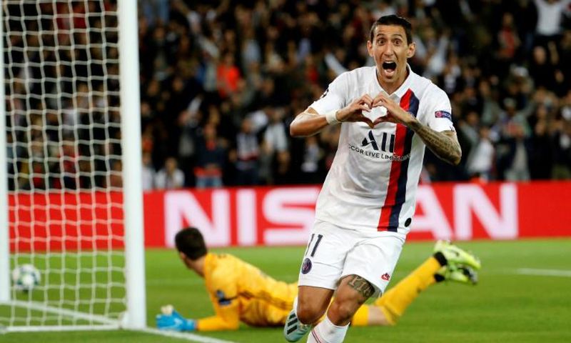 Angel Di Maria celebrates his first goal against Real Madrid at the Parc des Princes
