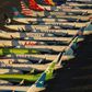 Dozens of grounded Boeing 737 MAX aircraft are parked on the apron in Washington state